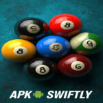 8 Ball Pool 56.17.1 APK gameplay showing cue ball aim line on green tournament table