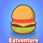 Eatventure APK download banner: colorful food truck evolving into a bustling restaurant empire