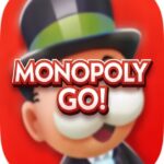 Monopoly Go 1.60.1 APK key visual: Mr. Monopoly rolling dice on vibrant property board with hotels and cash