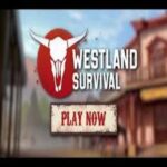 Westland Survival APK 11.1.2 cowboy gameplay screenshot showing ranch building, horse riding, and Wild West survival action