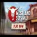 Westland Survival APK 11.1.2 cowboy gameplay screenshot showing ranch building, horse riding, and Wild West survival action